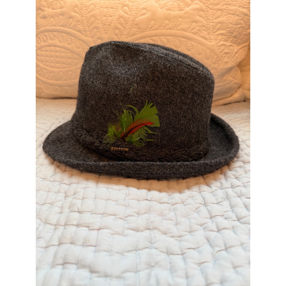 Stetson Mens Charcoal Gray Wool Felt Fedora Hat with Feather Detail Size 7 1/8